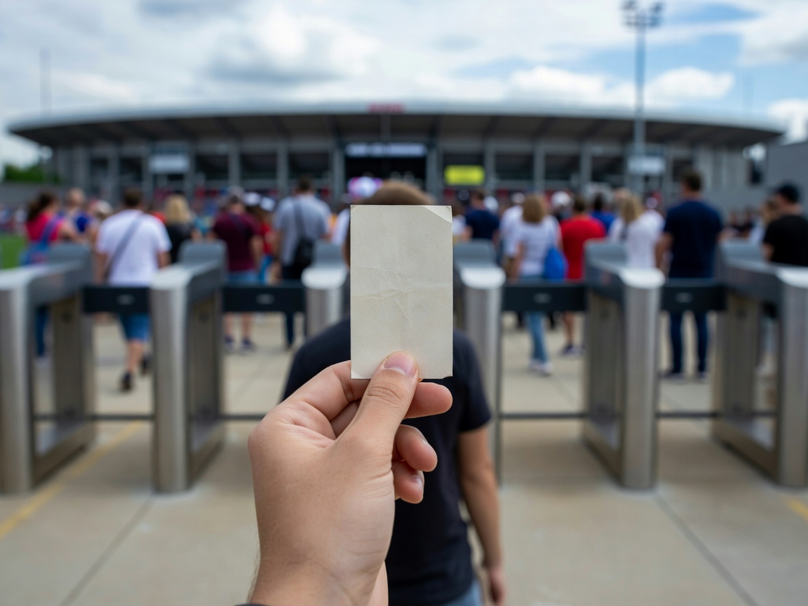 A match ticket being held up in front of stadium turnstiles