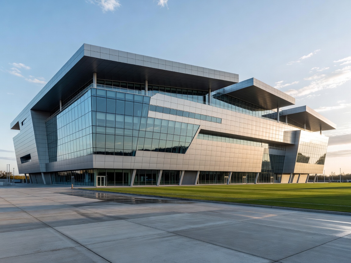 Architectural exterior view of a modern European football ground