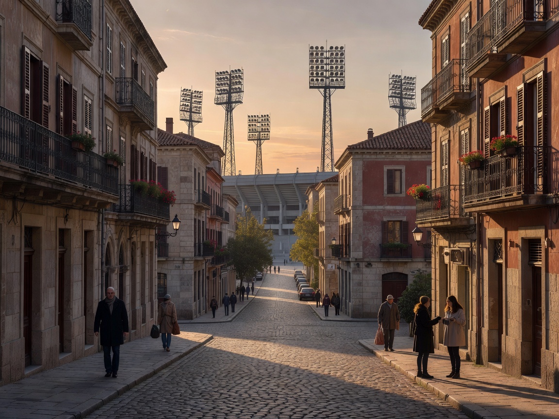 European city street leading towards stadium floodlights